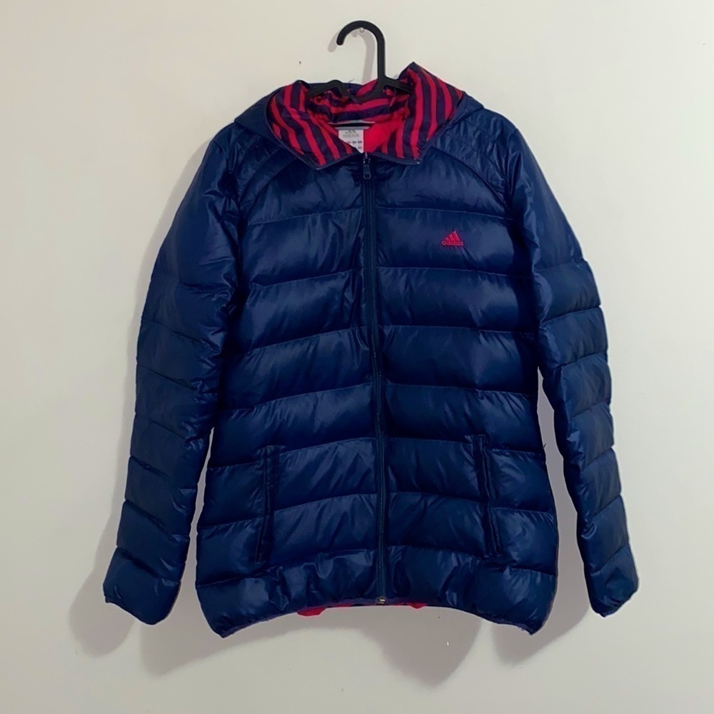 Adidas Down Puffer Jacket Hooded Navy Blue And Pink